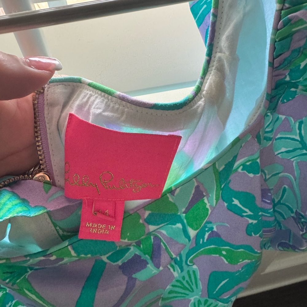 Lilly Pulitzer Purple Turquoise Floral Puff-Sleeve Dress - Picture 6 of 7